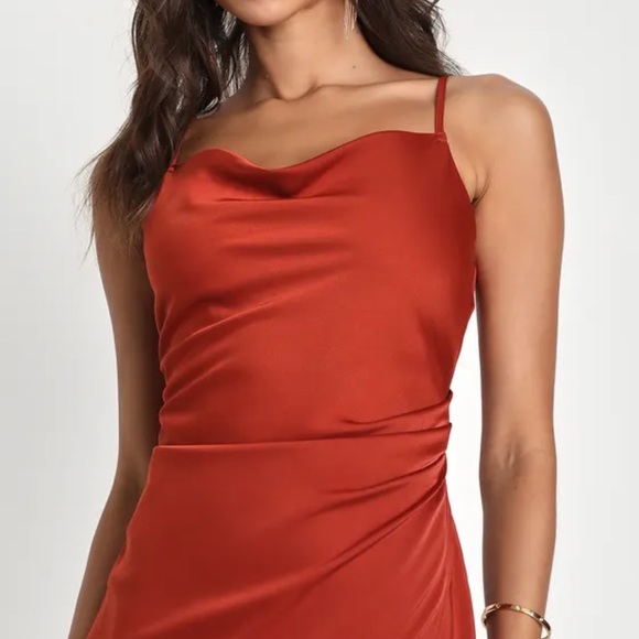 Lulu’s Hollywood Bronze Satin Midi Dress - Picture 3 of 7